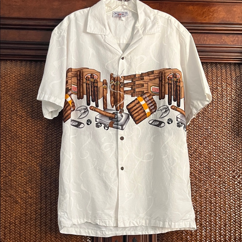 Tropical Cigar-Print Short Sleeve Button-Down Shirt - White